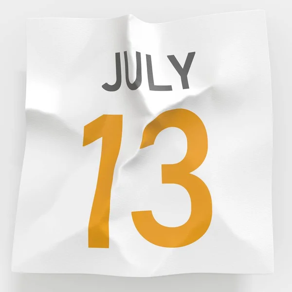 13 juli datum på skrynkligt papper sida i en kalender, 3D-rendering — Stockfoto