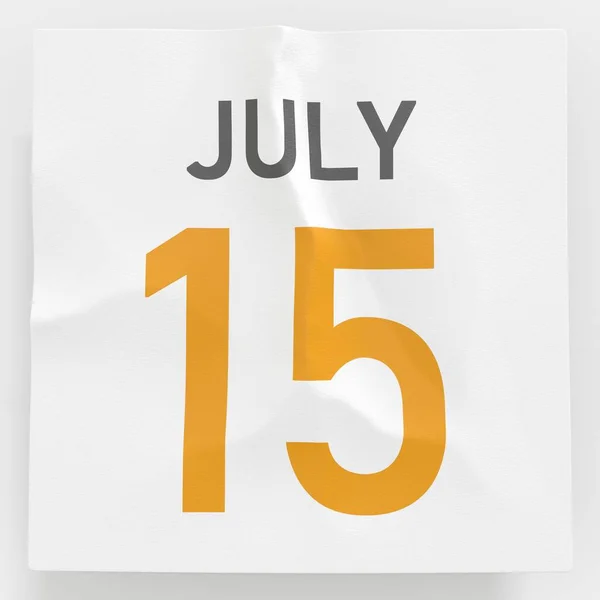 15 luglio data su pagina di carta spiegazzata di un calendario, 3d che rende — Foto Stock