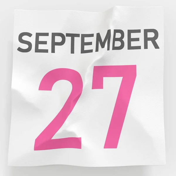 Syyskuu 27 päivämäärä rypistynyt paperi sivulla kalenterin, 3d renderöinti — kuvapankkivalokuva