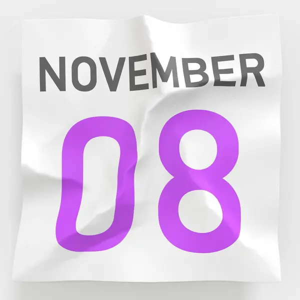 November 8 date on crumpled paper page of a calendar, 3d rendering — Stock Photo, Image