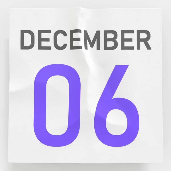 6 december datum på skrynkligt papper sida i en kalender, 3D-rendering — Stockfoto