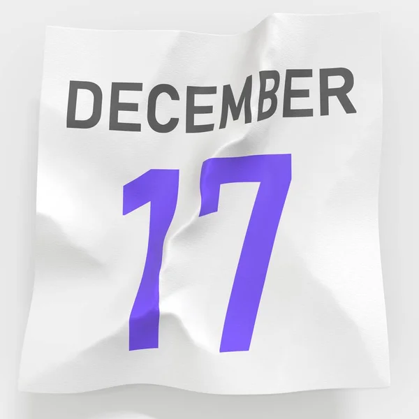 17 dicembre data su pagina di carta spiegazzata di un calendario, 3d rendering — Foto Stock