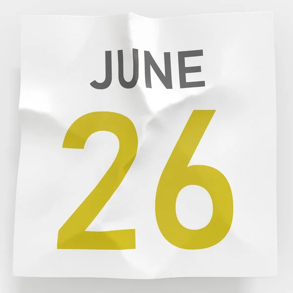 June 26 date on torn page of a calendar, 3d rendering — Stock fotografie