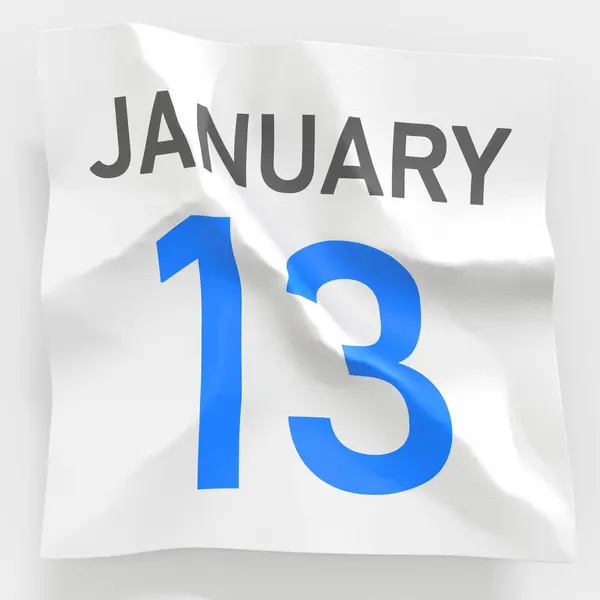 13 січня дата на зім'ятій паперовій сторінці календаря, 3d рендеринга — стокове фото