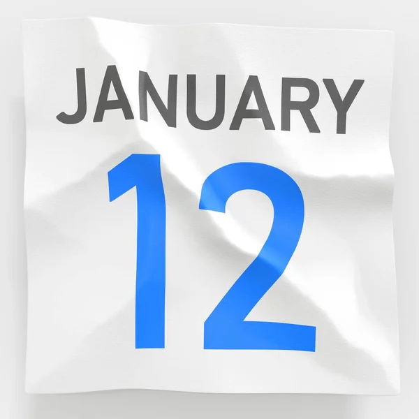 12 січня дата на розірваній сторінці паперового календаря, 3d рендеринга — стокове фото