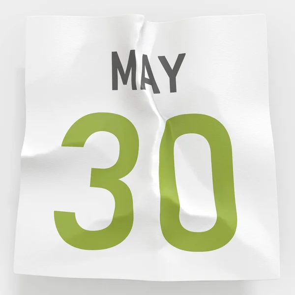 30 de mayo la fecha en la página arrugada de papel del calendario, la traducción 3d — Foto de Stock