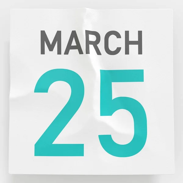 25 de marzo la fecha en la página rasgada del calendario, la representación 3d —  Fotos de Stock