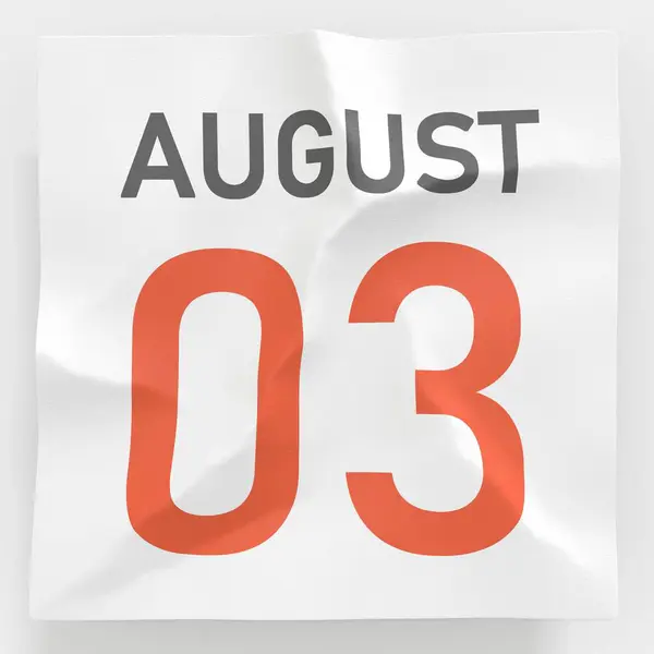 3 agosto data su pagina di carta spiegazzata di un calendario, 3d che rende — Foto Stock
