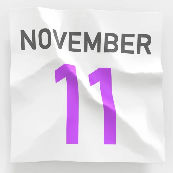 11 listopada data na pogniecionej papierowej stronie kalendarza, renderowanie 3d — Zdjęcie stockowe
