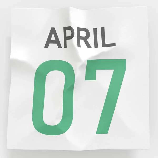 7 april datum på skrynkligt papper sida i en kalender, 3D-rendering — Stockfoto