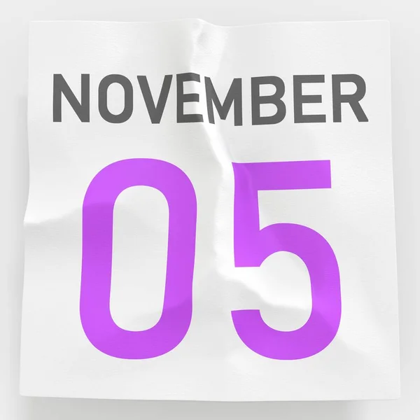 November 5 date on crumpled paper page of a calendar, 3d rendering — Stock Photo, Image