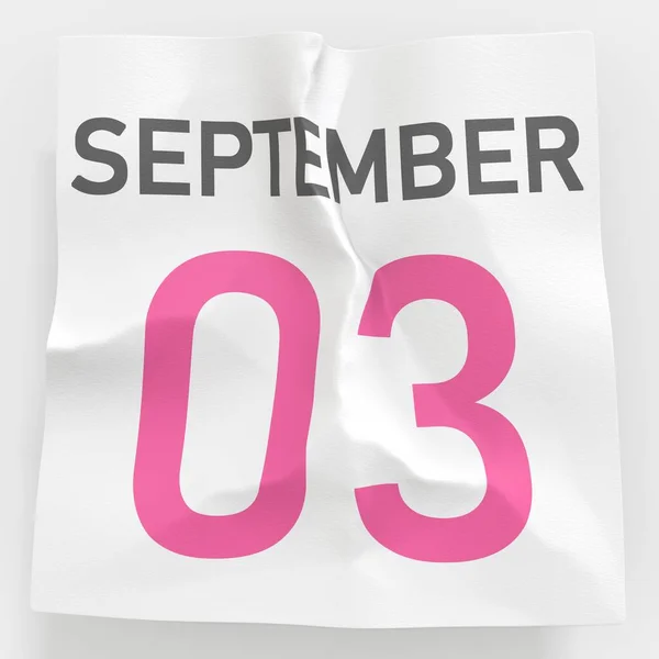 Setembro 3 data em página rasgada de um calendário, 3d renderização — Fotografia de Stock