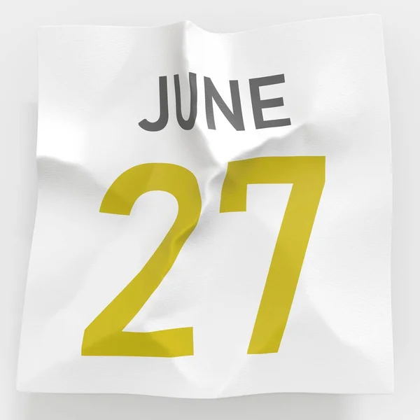27 Ιουνίου ημερομηνία σε τσαλακωμένη χάρτινη σελίδα ενός ημερολογίου, 3d απόδοση — Φωτογραφία Αρχείου