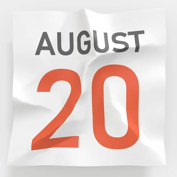 20 agosto data su pagina di carta spiegazzata di un calendario, 3d che rende — Foto Stock