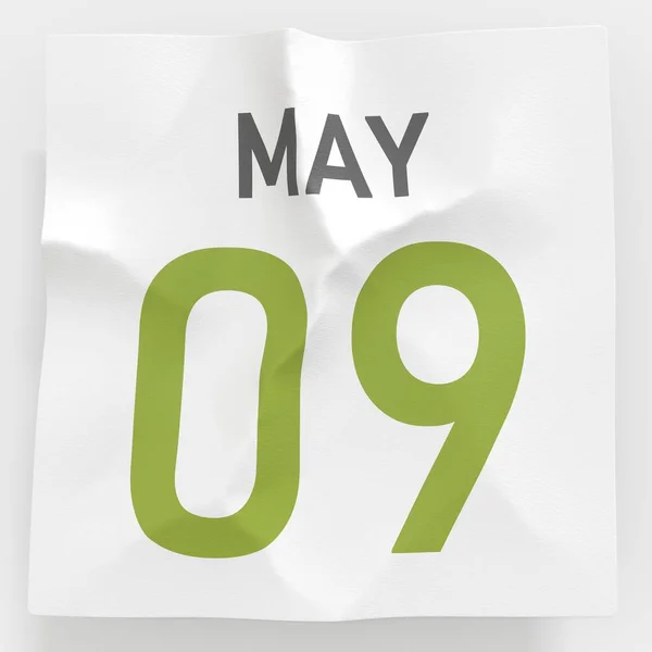 9 de mayo la fecha en la página arrugada de papel del calendario, la representación 3d —  Fotos de Stock