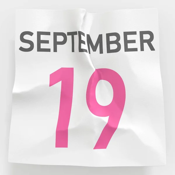 19 septembre date sur papier froissé d'un calendrier, rendu 3d — Photo