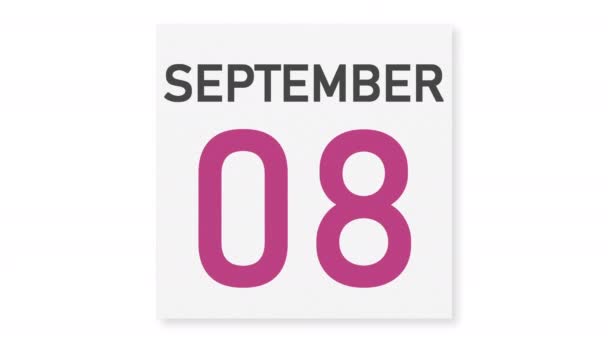 9 september datum achter verkreukeld papier pagina van een kalender, 3d animatie — Stockvideo