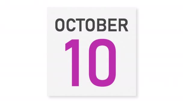 11 de octubre la fecha detrás de la página arrugada de papel del calendario, la animación 3d — Vídeo de stock