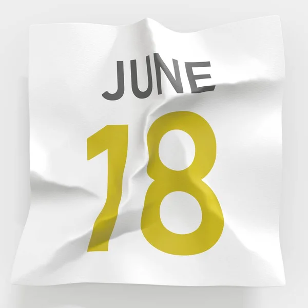 18 juni datum op verkreukelde papieren pagina van een kalender, 3d rendering — Stockfoto