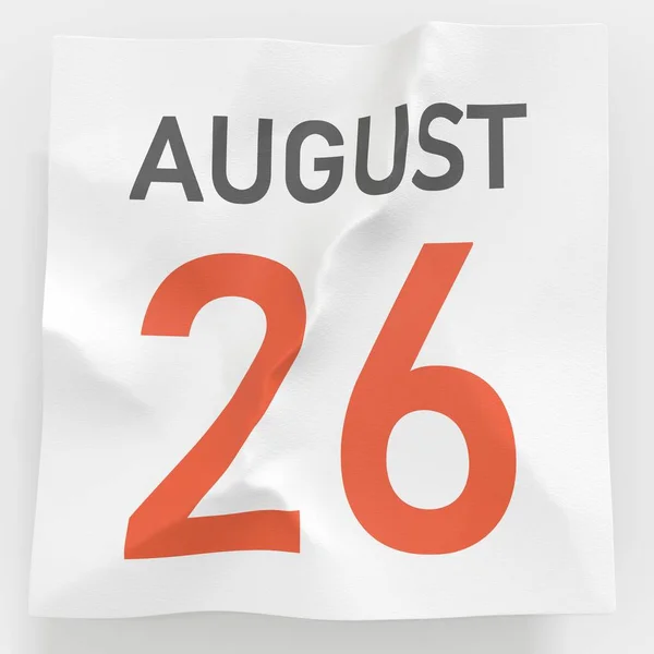 August 26 date on crumpled paper page of a calendar, 3d rendering — Stock fotografie