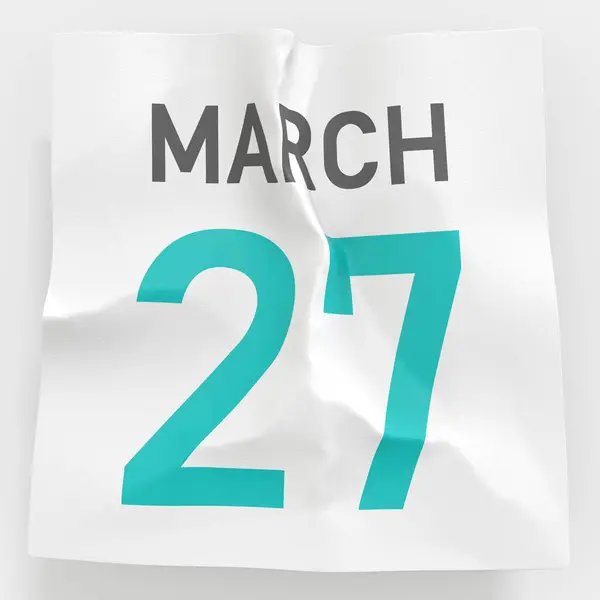 27 marca data na pogniecionej papierowej stronie kalendarza, renderowanie 3d — Zdjęcie stockowe