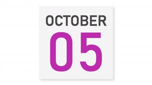 6 oktober datum achter verkreukeld papier pagina van een kalender, 3d animatie — Stockvideo