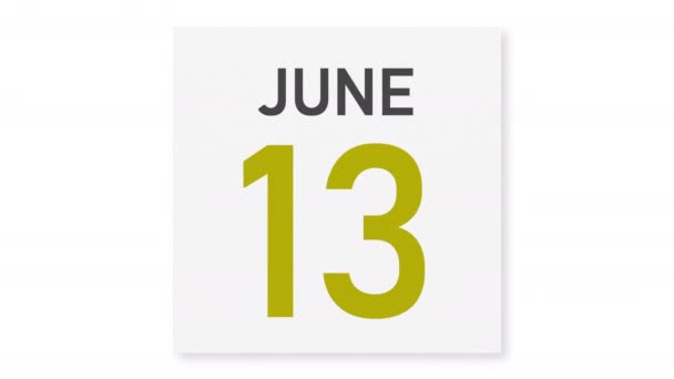 14 juni datum achter verkreukeld papier pagina van een kalender, 3d animatie — Stockvideo