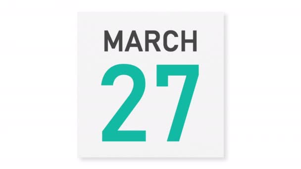 28 de marzo la fecha después de la página rasgada del calendario de papel, la animación 3d — Vídeo de stock