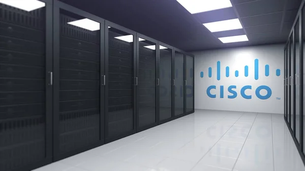 CISCO logo in the server room, editorial 3D rendering — Stock Photo, Image