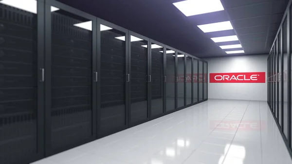 Logo of ORACLE on the wall of a server room, editorial 3D rendering — Stock Photo, Image