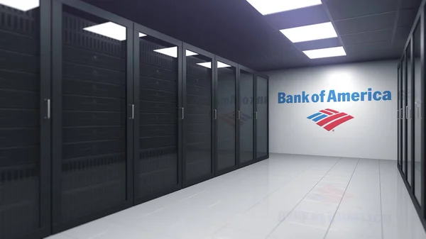 服务器室内的美国银行标志，编辑3D渲染 — 图库照片