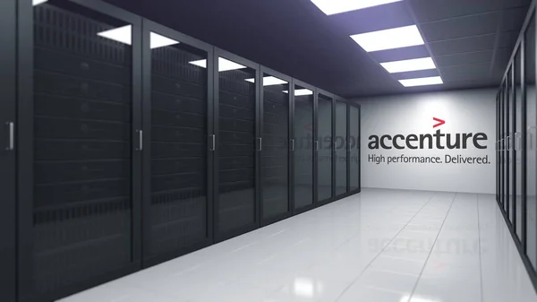 Logo von ACCENTURE an der Wand eines Serverraums, editorisches 3D-Rendering — Stockfoto