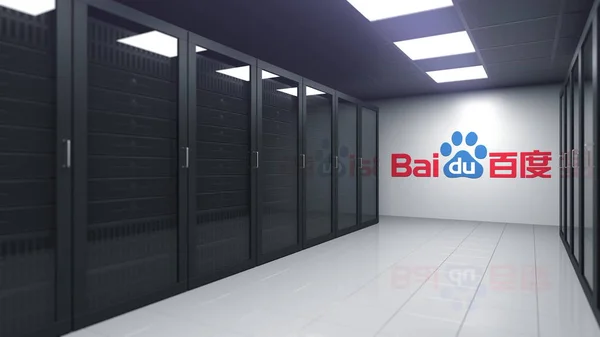 Logo von BAIDU an der Wand eines Serverraums, redaktionelles 3D-Rendering — Stockfoto