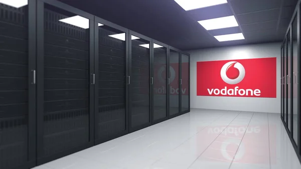 Logo Vodafone v místnosti na serveru, redakční 3D vykreslování — Stock fotografie