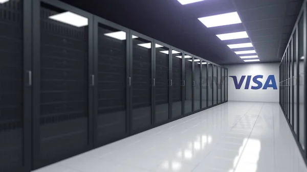 Логотип VISA на стене серверной комнаты, редакционная 3D рендеринг — стоковое фото