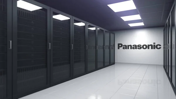 Logo-ul PANASONIC pe peretele unei camere de server, redarea editorială 3D — Fotografie, imagine de stoc