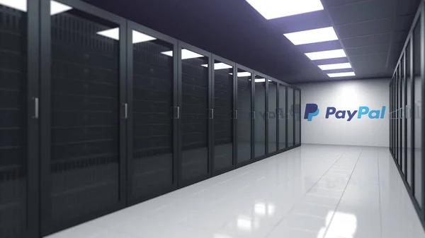 Logo di PAYPAL sulla parete di una sala server, rendering editoriale 3D — Foto Stock