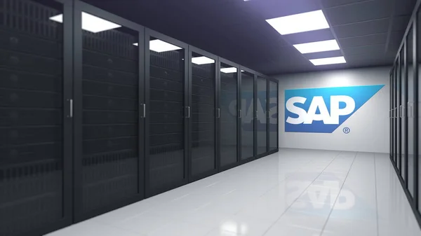 Logo SAP dans la salle des serveurs, rendu 3D éditorial — Photo