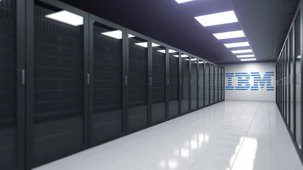 Logo of IBM on the wall of a server room, editorial 3D rendering — Stock Photo, Image