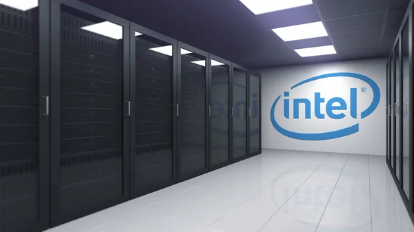 Logo INTEL en la sala de servidores, representación editorial 3D —  Fotos de Stock