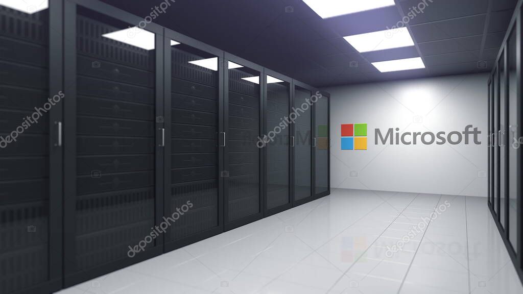 Company logo in modern server room, conceptual editorial 3D
