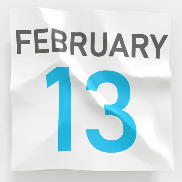 February 13 date on crumpled paper page of a calendar, 3d rendering — Stock Photo, Image
