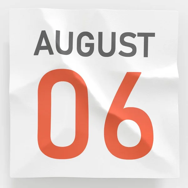 August 6 date on crumpled paper page of a calendar, 3d rendering — Stock Photo, Image