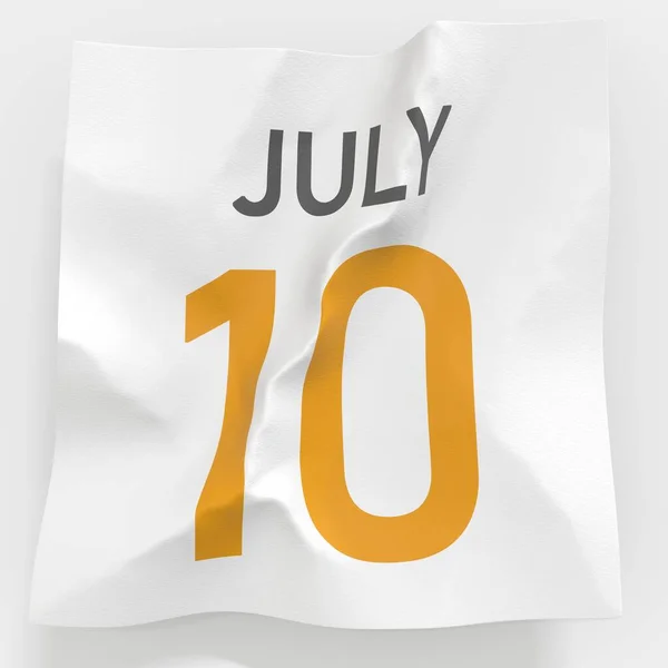 Datum 10. července na zmačkané papírové stránce kalendáře, 3D vykreslování — Stock fotografie