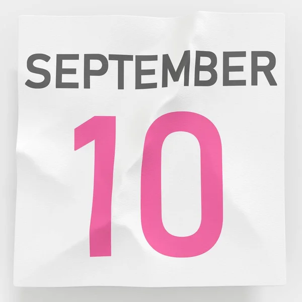 10 septembre date sur papier froissé d'un calendrier, rendu 3d — Photo