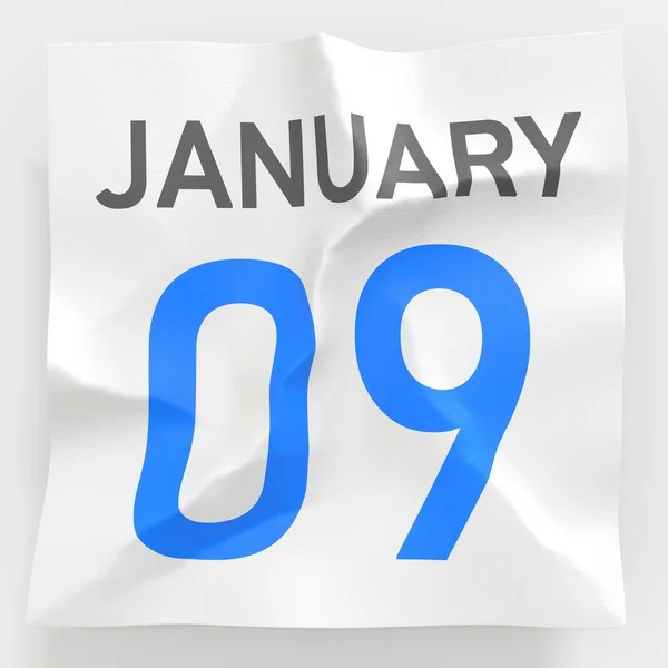 9 januari datum på riven sida i en papperskalender, 3D-rendering — Stockfoto
