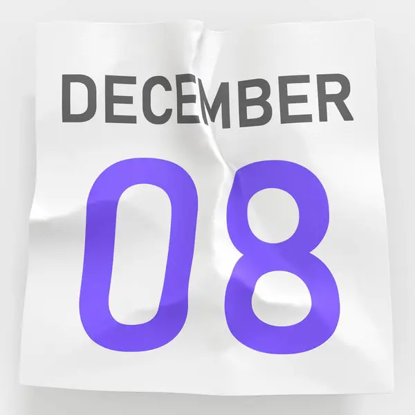 8 december datum op verkreukelde papieren pagina van een kalender, 3d weergave — Stockfoto