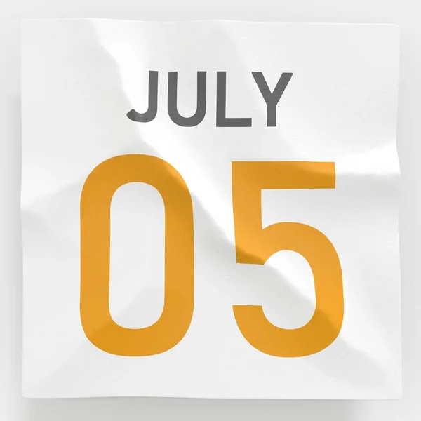 5 июля дата на скомканной бумажной странице календаря, 3d рендеринг — стоковое фото