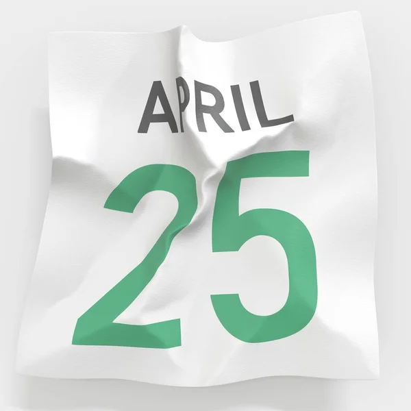 25 april datum på riven sida i en papperskalender, 3D-rendering — Stockfoto