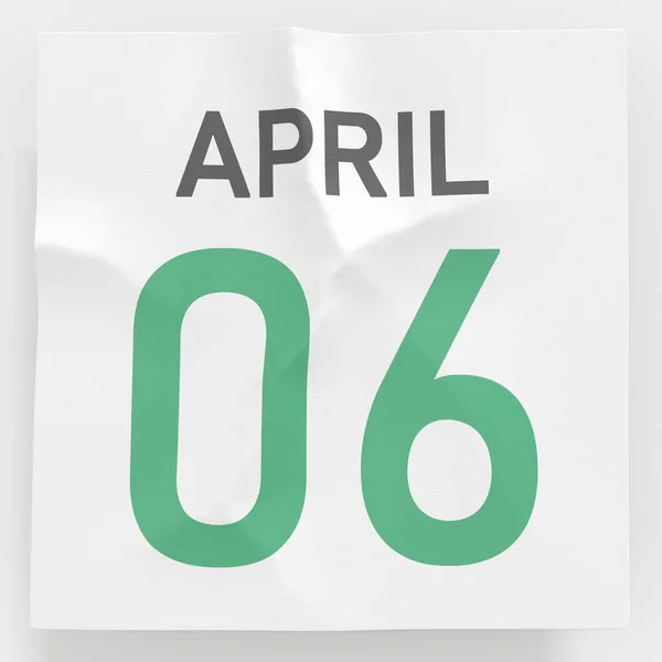 6 april datum på skrynkligt papper sida i en kalender, 3D-rendering — Stockfoto